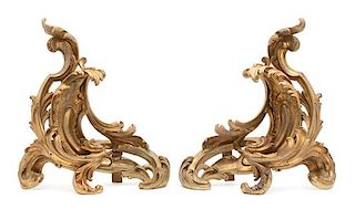 A Pair of Louis XV Style Gilt Bronze Chenets Height 17 x width 16 inches.