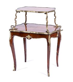 A Louis XV Style Gilt Bronze Mounted Tulipwood Two-Tier Tea Table Height 35 x width 21 x depth 20 inches.