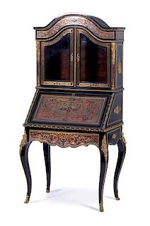 A Louis XV Style Boulle Bureau de Dame and Chair Height 65 x width 32 x depth 21 inches.