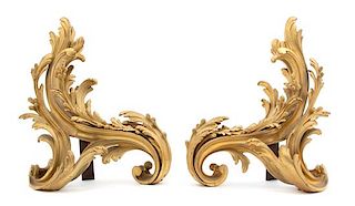 A Pair of Louis XV Style Gilt Bronze Scroll-form Chenets Height 15 x width 12 inches.