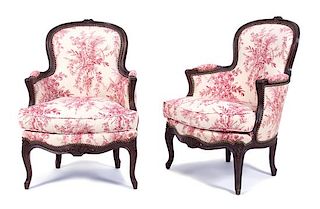 A Pair of Louis XV Style Bergeres Height 36 inches.