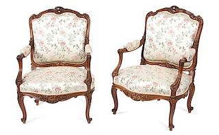 A Pair of Louis XV Style Fauteuils Height 40 x width 27 x depth 22 inches.