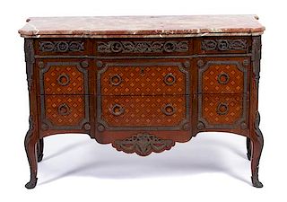 A Louis XVI Style Gilt Bronze Mounted and Marble Top Parquetry Commode Height 35 x width 53 x depth 22 inches.