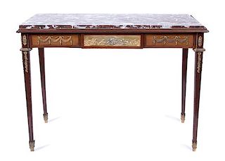 A Louis XVI Style Gilt Bronze Mounted and Rouge Marble Top Table Height 31 1/2 x width 43 1/2 x depth 24 inches.