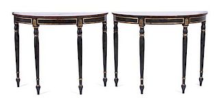 A Pair of Louis XVI Style Ebonized Demilune Console Tables Height 37 x width 46 x depth 20 inches.