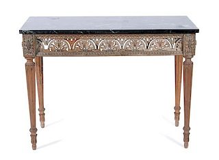A Louis XVI Style Painted and Marble Top Console Height 33 x width 44 1/2 x depth 20 1/2 inches.