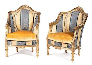 A Pair of Louis XVI Style Carved Giltwood Bergeres Height 45 1/2 inches.