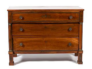 A Pair of French Empire Style Walnut Three Drawer Chests Height 36 x width 48 x depth 21 1/2 inches.