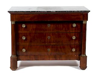 A French Empire Style Mahogany Marble Top Chest Height 36 x width 47 x depth 23 inches.