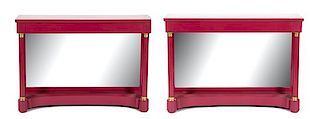 A Pair of Empire Style Brass Mounted Magenta Painted Console Tables Height 34 x width 48 x depth 13 1/2 inches.
