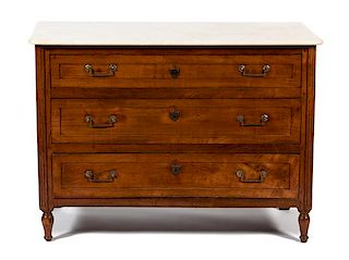 A Continental Provincial Style Carved Fruitwood Marble Top Commode Height 33 1/2 x width 46 3/4 x depth 21 3/4 inches.
