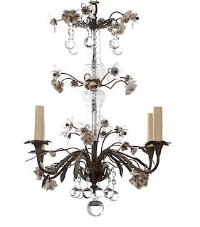 A Gilt Metal and Glass Four Light Chandelier with Porcelain Flowers Height 25 inches.