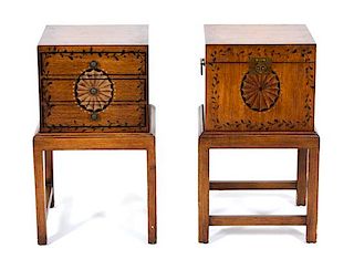 Two Continental Painted Burlwood Bedside Cabinets Height 28 inches.