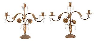 A Pair of French Gilt Bronze Three-Light Foliate-Form Candelabra Height 16 x width 20 x depth 5 inches.