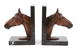 A Pair of Austrian Cold Painted Bronze Horsehead Bookends Height 7 inches.