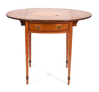 A George III Style Inlaid Fruitwood Pembroke Table Height 29 1/2 x width 37 1/2 x depth 26 3/4 inches.