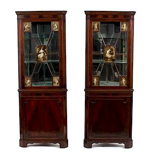 A Pair of Regency Style Mahogany Corner Cabinets Height 78 inches.