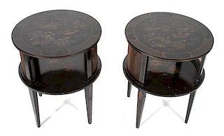 A Pair of Regency Style Ebonized and Gilt Chinoiserie Decorated Lamp Tables Height 29 x diameter 23 1/2 inches.