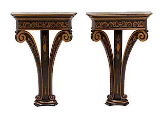 A Pair of Regency Style Black and Gilt Decorated Demilune Wall Mounted Console Tables Height 34 3/4 x width 23 x depth 8 inches.