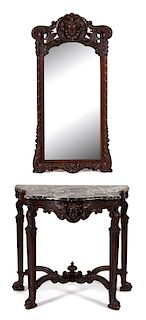 A Victorian Carved Mahogany Console Table and Mirror Table, height 32 x width 33 1/2 x depth 19 1/2 inches.