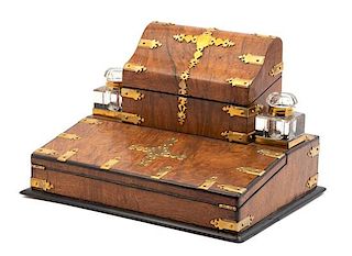 An English Burlwood and Brass Mounted Lap Desk Height 10 x width 14 x depth 10 inches.