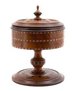 An English Inlaid Walnut Chip Holder Height 13 1/4 x diameter 9 inches.