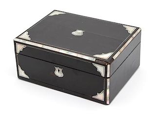 An English Black Lacquer and Mother-of-Pearl Inset Sewing Box Height 5 x width 11 3/4 x depth 9 inches.