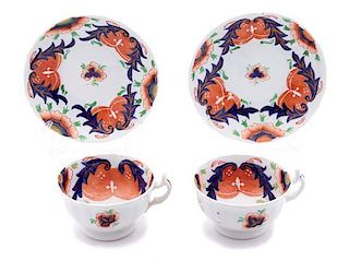 Five Staffordshire Gaudy Dutch Porcelain Teacups and Saucers Saucer diameter 5 3/4 inches.