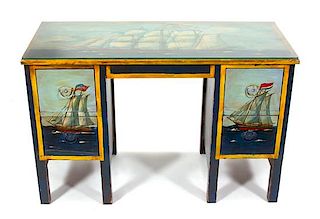 An English Polychromed Kneehole Desk Height 27 x width 42 x depth 18 inches.
