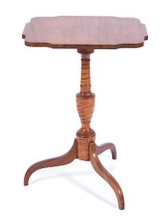 An American Tiger Maple and Maple Tilt Top Tripod Table Height 28 x width 19 1/2 x depth 17 inches.