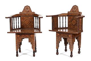 A Pair of Syrian Parquetry Mother-of-Pearl Inlaid Open Armchairs Height 36 x width 25 3/4 inches.