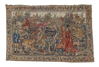 A Continental Embroidered Wool Tapestry Height 60 x width 108 inches.