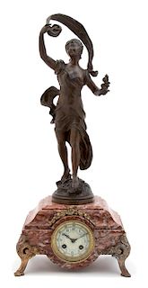An Art Noveau Bronze & Marble Figural Mantle Clock Height 23 inches.