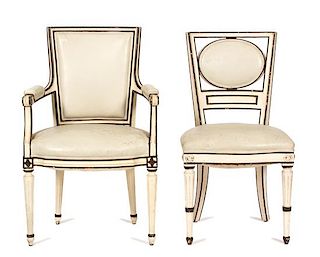 A Set of Six Directoire Style Painted and Parcel Gilt Dining Chairs Height 37 inches.