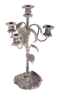 A Silvered Metal Four-Light Palm Tree Candelabrum Height 17 inches.