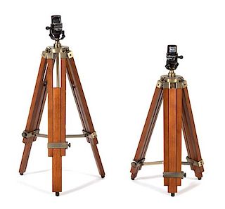 A Pair of Surveyor Stand Wood Base Table Lamps Height of base 19 inches.