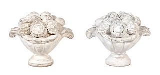 A Pair of Poured Cement Urns with Floral Arrangements Height 14 inches.