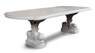 A Two Pedestal Molded Composition Center Table Height 30 x width 95 x depth 42 1/2 inches.