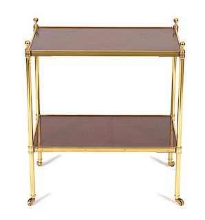 A Two-Tier Brass and Mahogany Side Table Height 23 1/2 x width 20 1/2 x depth 12 inches.