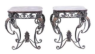 A Pair of Wrought Iron and Marble Side Tables Height 33 1/2 x width 27 x depth 21 inches.