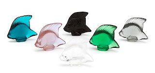 A Group of Six Lalique Colored Glass Fish Height 2 inches.