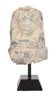 A Chinese Carved Stone Fragment of Seated Figure Height 12 x width 8 3/4 inches.