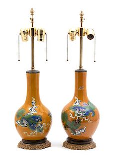 A Pair of Chinese Glazed Porcelain Vases Mounted as Lamps Height overall 25 inches.