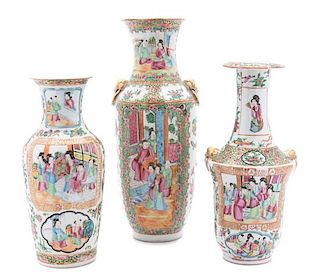 Three Chinese Export Rose Canton Vases Height of taller 11 5/8 inches.