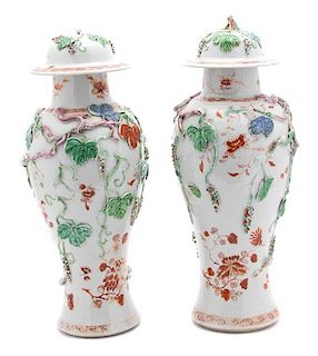 A Pair of Chinese Export Porcelain Mantel Urns Height 13 inches.