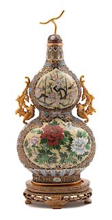 A Chinese Enameled and Cloisonne Gourd-form Lidded Vase Height 14 1/4 inches.