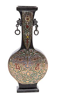 A Chinese Champleve Enamel and Bronze Vase Height 13 3/4 x width 6 1/2 x depth 1 5/8 inches.