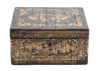 A Chinese Export Black and Gilt Lacquer Tea Caddy Height 4 1/4 x width 8 x depth 6 1/4 inches.
