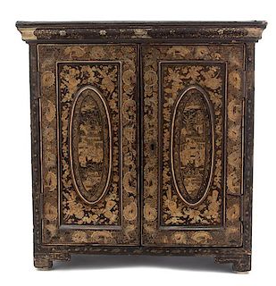 A Chinese Export Black and Gilt Lacquer Chinoiserie Decorated Specimen Cabinet Height 15 x width 14 1/2 x depth 8 1/2 inches.
