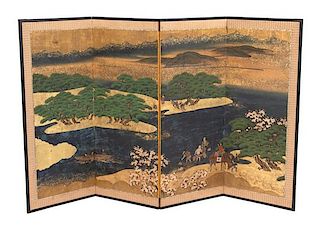 A Pair of Japanese Painted and Gilded Four-Fold Screens Each screen height 47 1/2 ; width 80 inches.